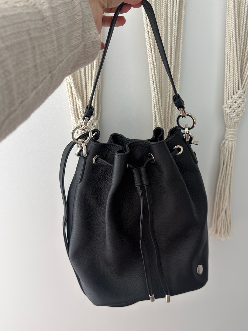 Poppy Barley Black Leather Drawstring Hobo Bag